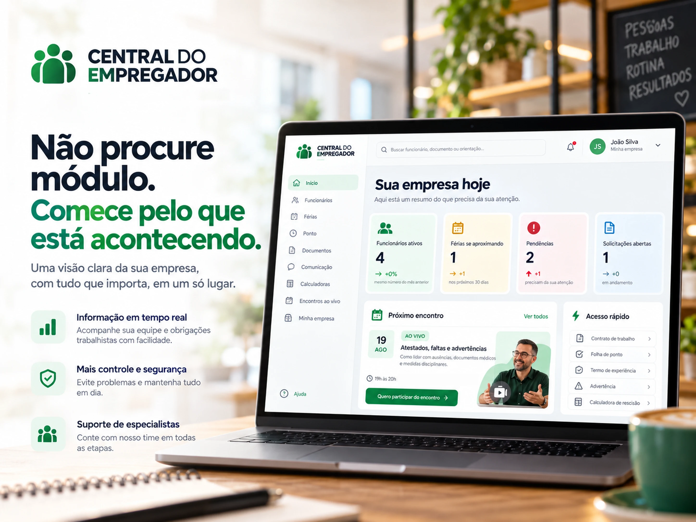 Não procure módulo. Comece pelo que está acontecendo. Painel Sua empresa hoje com funcionários ativos, férias se aproximando, pendências, solicitações e próximo encontro ao vivo.